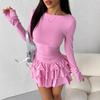 Women's Round Neck Long Sleeve Slim Fit Layered Ruffle Mini Dress Casual Fall Party Dress