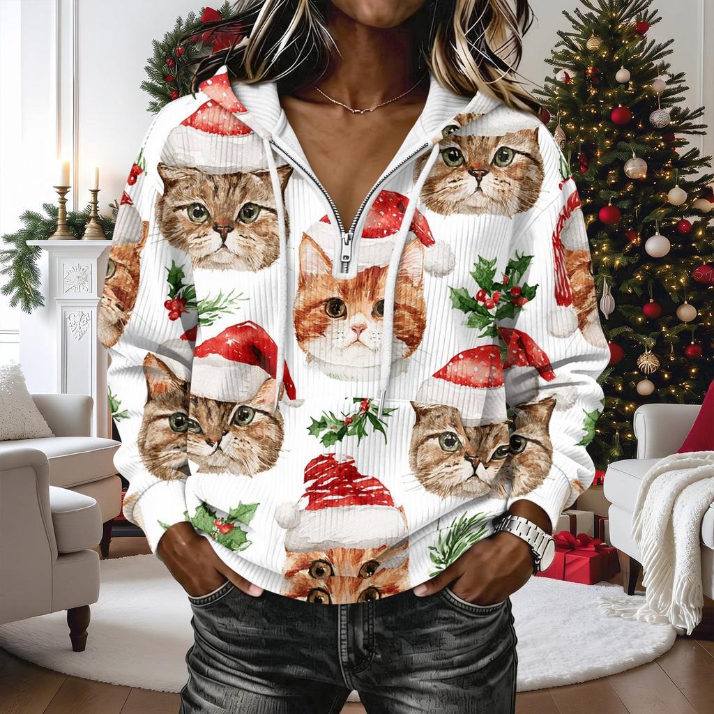 Women's Christmas Print Long Sleeve Hooded Pullover Sweatshirt
