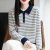 Women's Striped Color Block Polo Neck Knit Sweater - Long Sleeve, Autumn/Winter Top
