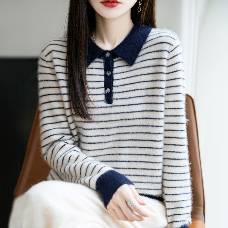 Women's Striped Color Block Polo Neck Knit Sweater - Long Sleeve, Autumn/Winter Top