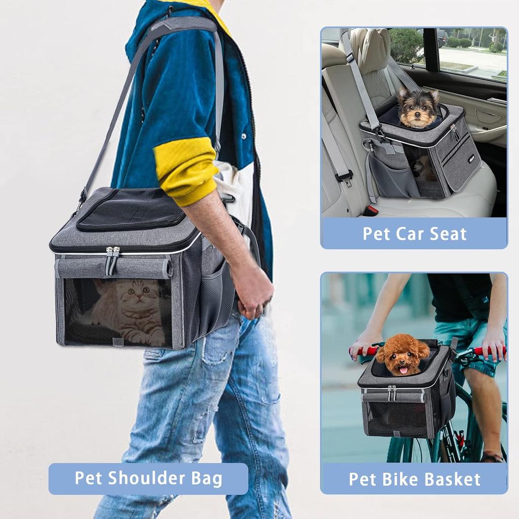 Dog Bike Basket, Soft-Sided Dog Bike Carrier with 4 Mesh Windows for Small Dog Cat Puppies - Grey