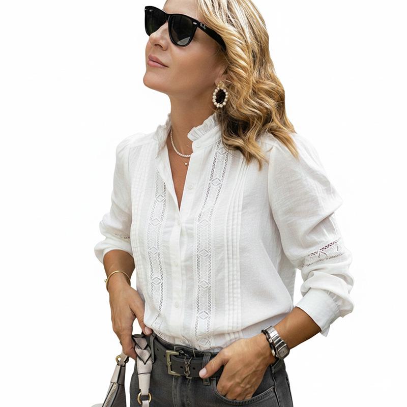 Camicia Bianca da Donna a Maniche Lunghe con Pizzo Intrecciato e Collo Alto - Stile Europeo e Americano - Collezione Autunnale