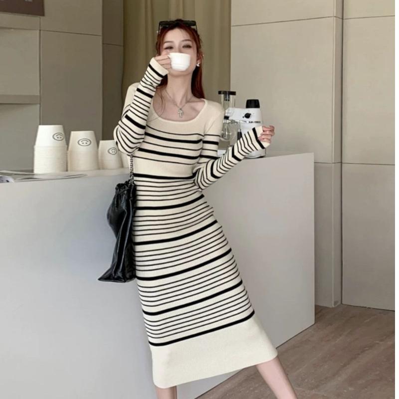 

Осенне-зимнее повседневное платье с длинным рукавом в полоску, трикотажное, приталенное, миди, платье-футболка One size абрикосовый