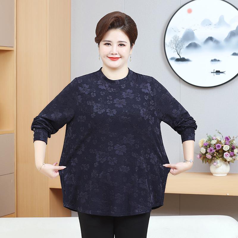 

Стильний осінній топ з довгим рукавом великого розміру 2025 для жінок середнього віку - Футболка, що прикриває живіт 3XL темно-синього кольору