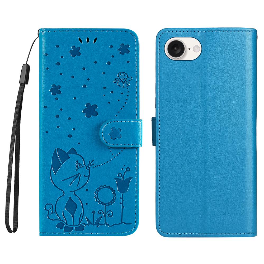 

For iPhone 16e Leather Case Cat Bee Pattern Phone Cover Wallet Stand with Strap Blue