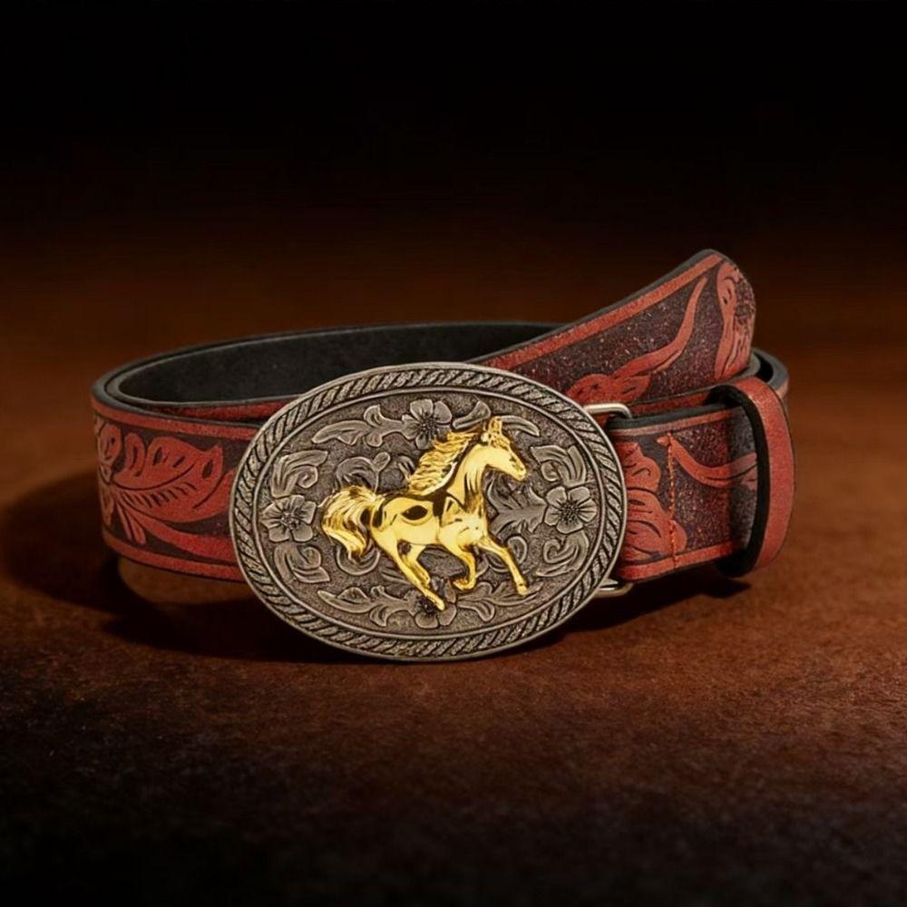 Fashion Carved Western Cowboy Belt Horse Buckle Luxury Design Horse Buckle Belt Trendy Brand Jeans Pants Belt For Women Man