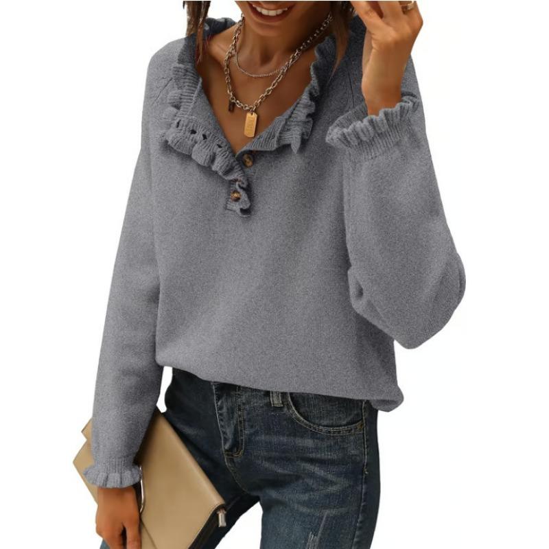 Women S Knit Long Sleeve Pullover Sweater With Buttons Ruffles