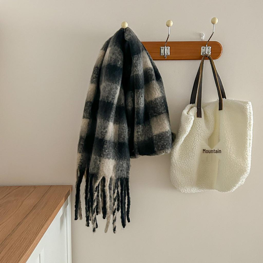 Tonglu Women's Mohair Winter Scarf: Black & White Plaid, High-End, Thick & Warm Neck Warmer