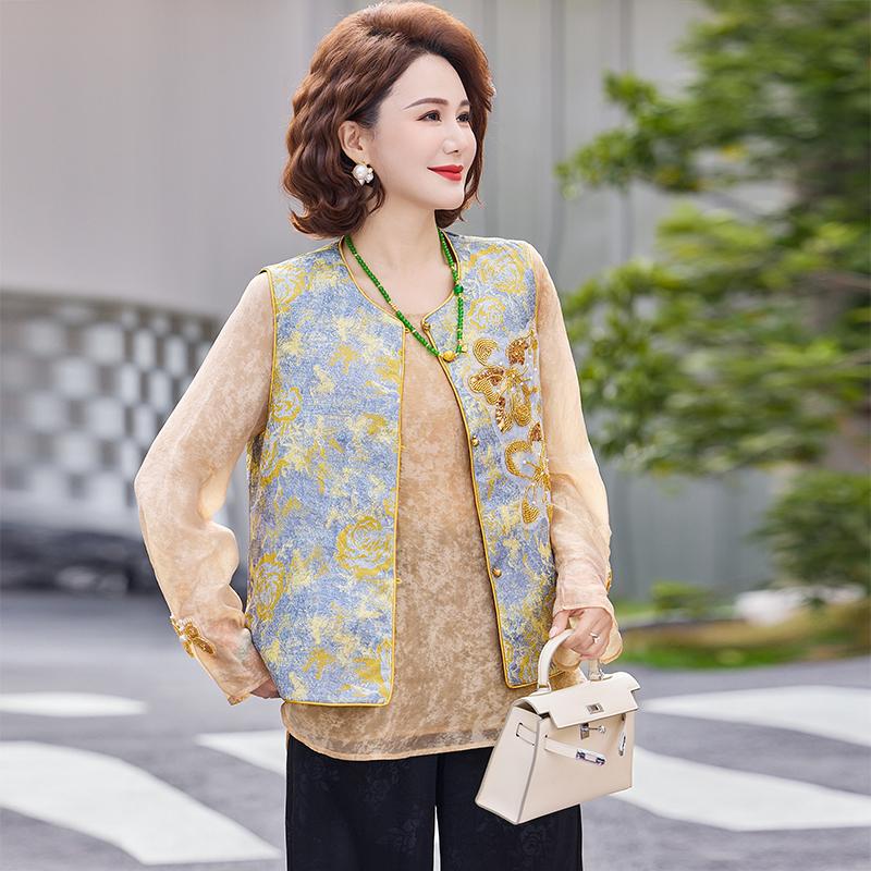 2026 Chinese-Style Embroidered Vest for Middle-Aged & Elderly Women - Elegant, Fashionable Two-Piece Set for Mom