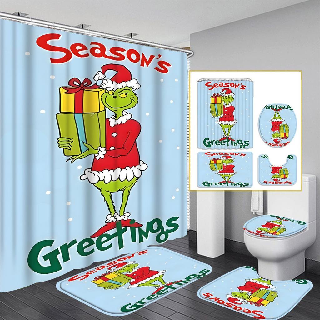 Christmas Green-Haired Pattern Shower Curtain Four-piece Set With 12 Hooks Polyester Waterproof Shower Curtain.