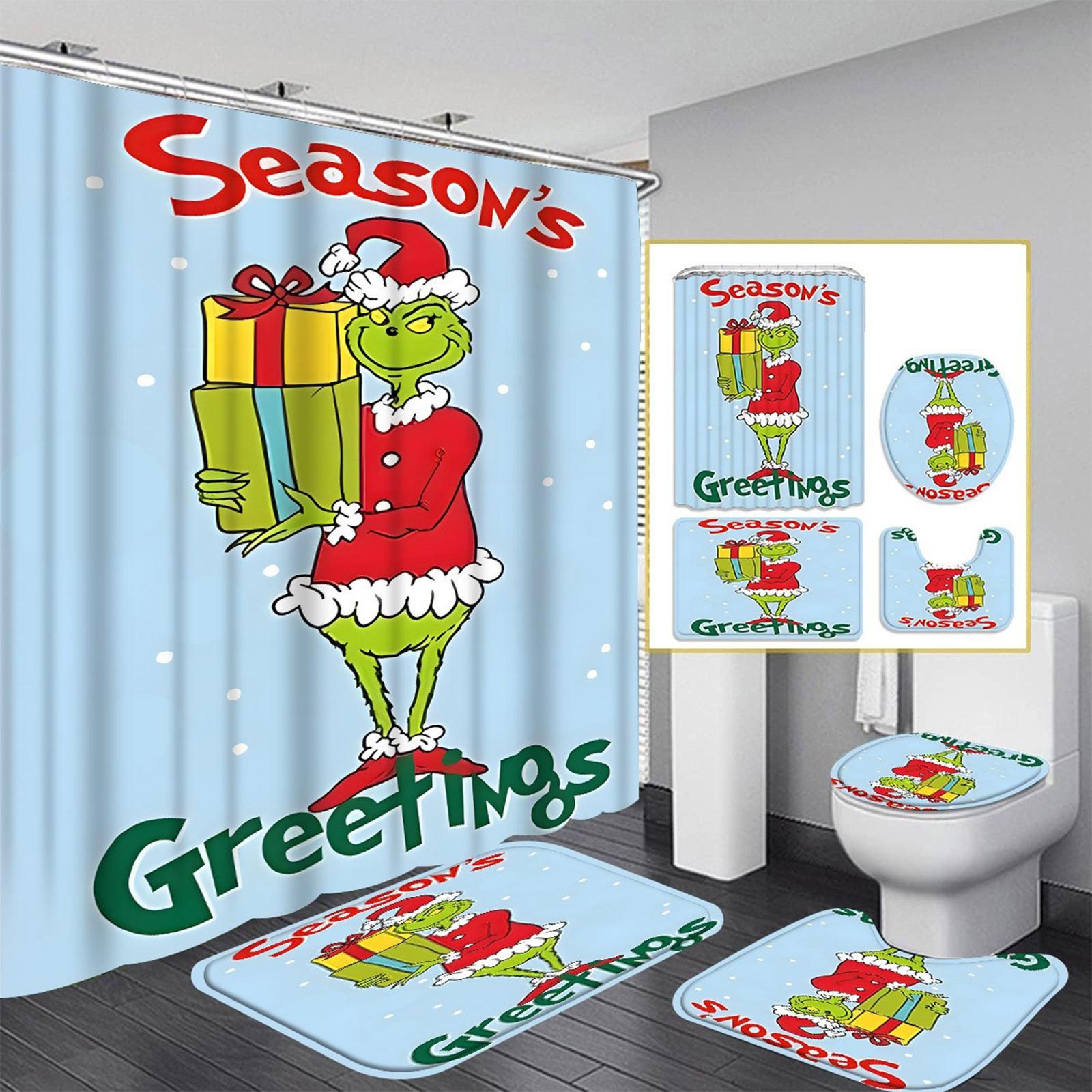 

Рождественский узор с зелеными волосами Набор из четырех предметов для занавески для душа с 12 крючками Полиэстеровая водонепроницаемая занавеска для душа. One Size