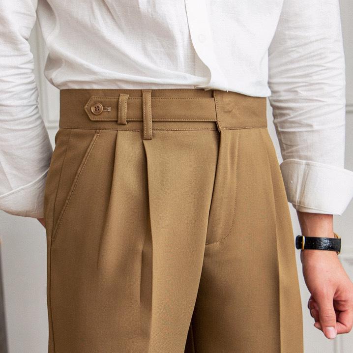 Naples Men's Khaki Slim High-Waist Straight-Leg Business Casual Trousers.
