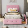 99x210cm Velvet Fabric Kids Bed with Adjustable Headboard 2 Drawers Ergonomic Design Strong Wood Slat Support Bed Home Furniture