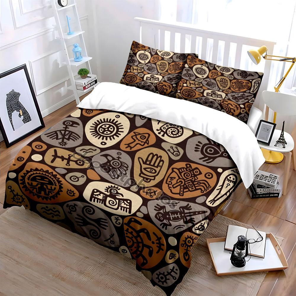 Tribal Pictograph Art Patterns Bedding Set For Kids Luxury Gift 3Pcs Digital Print Comforter Set Soft Comfortable Breathable