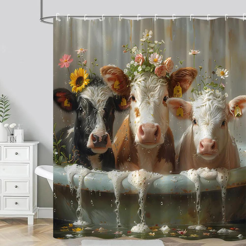 Farm Animals Shower Curtain Funny Pig Sheep Donkey Shower Cartoon Rustic Barn Polyester Fabric Bathroom Decor Curtain Washable