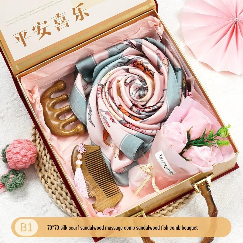 Women's Day Gift Set: Scarf, Sandalwood Combs & Bouquet