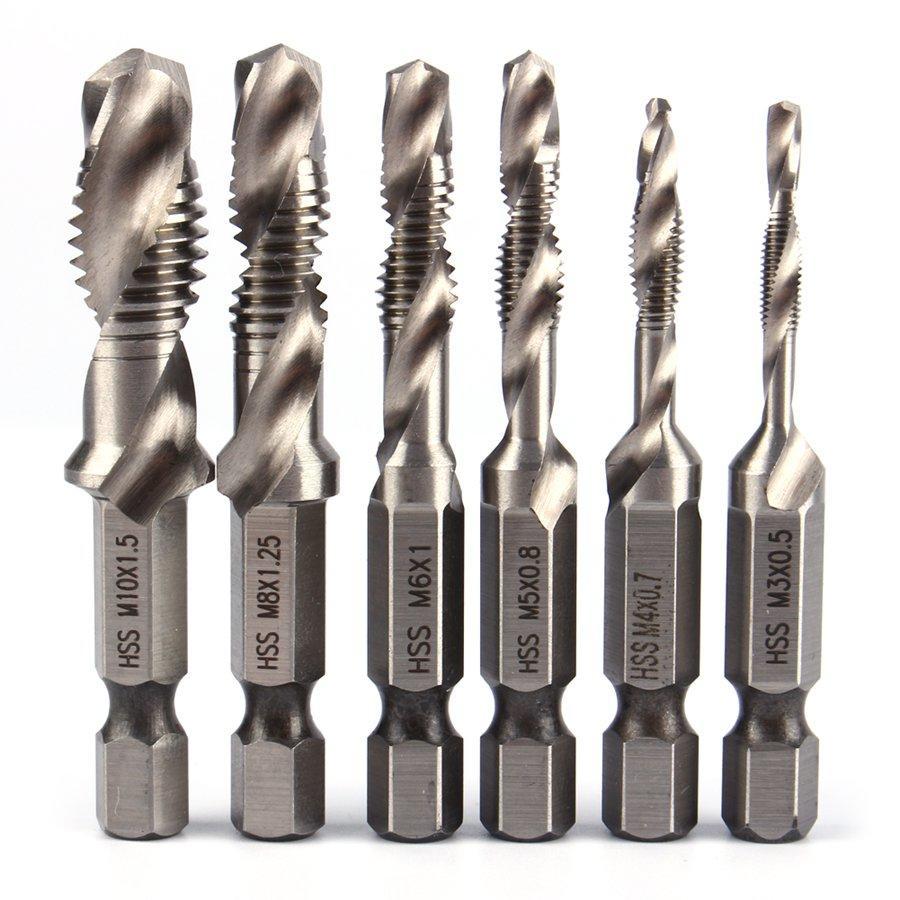 6Pcs Tap Drill Bit Set Hex Shank Titanium Plated HSS Screw Thread Bit Screw Machine Compound Tap M3 M4 M5 M6 M8 M10 Hand Tools