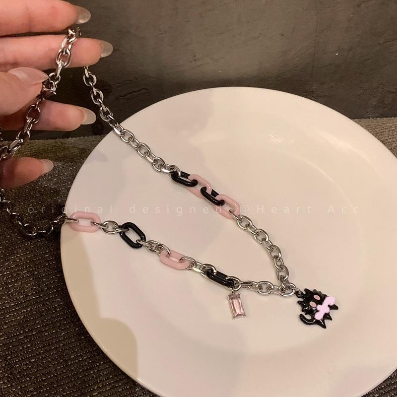 Cat Love Zircon Splicing Adjustable Necklace Korean Fashion Collarbone Chain Cute Sweet Cool Style Necklace Women