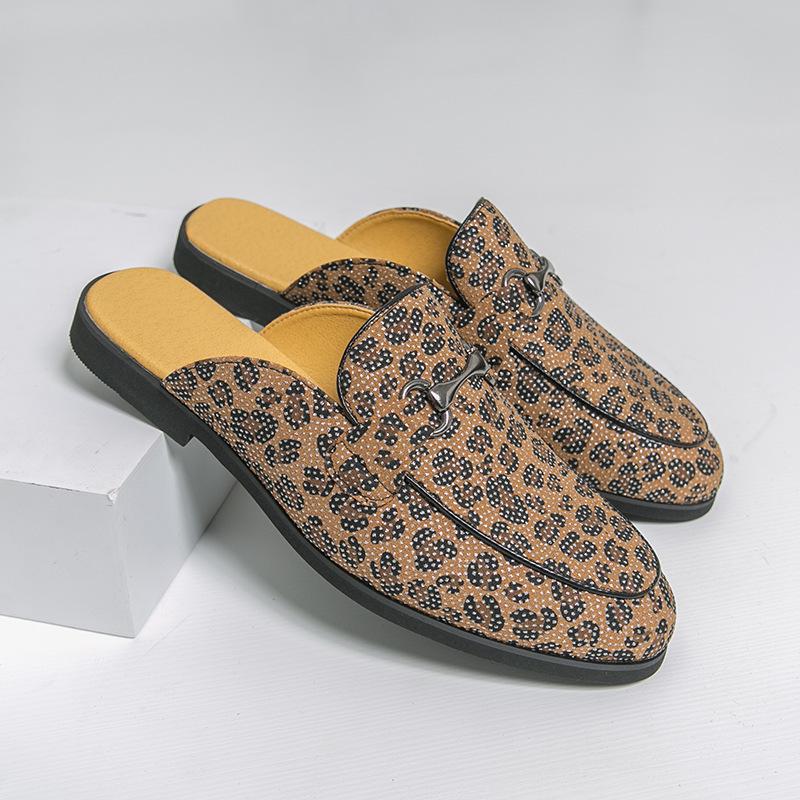 Men's Leopard Print Closed-Toe Backless Leather Slippers - Korean Style Versatile Summer Shoes