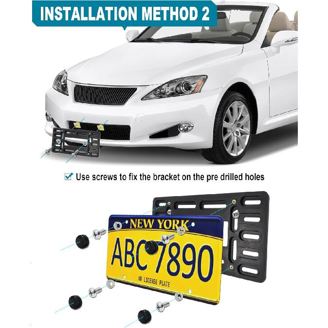 Front License Plate Bracket Holder - Universal Front Mounting Kit, Plastic Bumper Car Tag Adapter With Copper Threaded, With Screws Caps And
