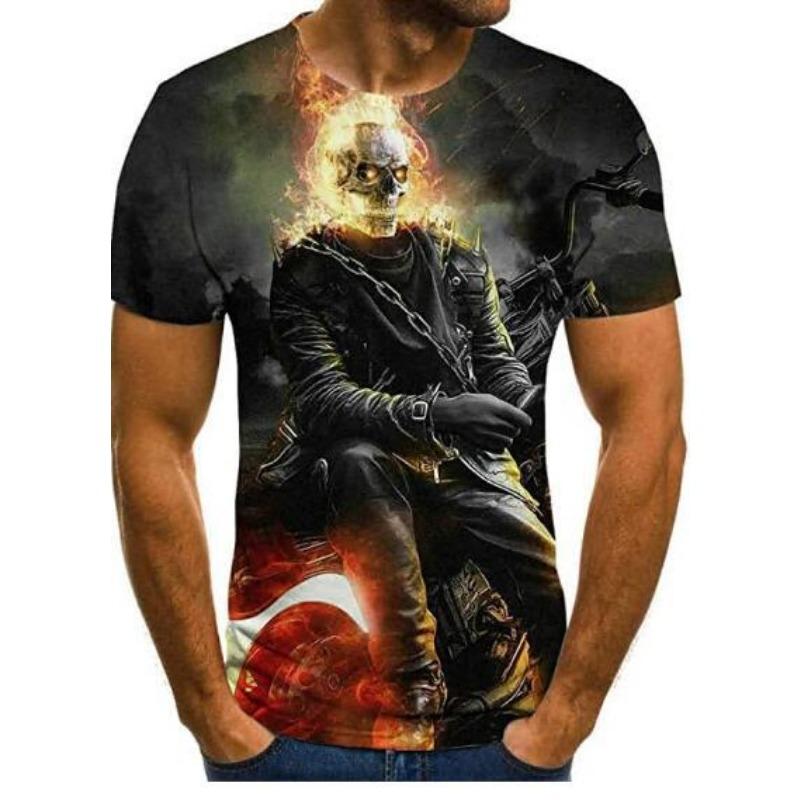 Summer Round Neck 3D Flame Skull Print Top Fashionable Casual Short Sleeved Men's T-shirts
