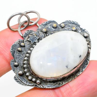Natural Rainbow Moonstone Gemstone 925 Sterling Silver Pendant 1.85" v6Q27