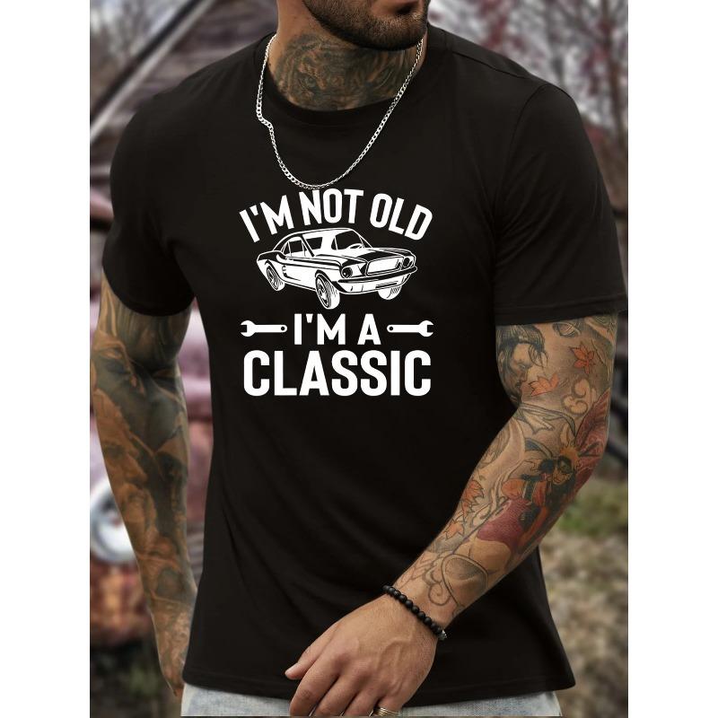 

European size Men s Classic Car Pattern T-Shirt Beige Short Sleeve Crew Neck T-Shirt, Lightweight, Summer Casual Wear, Machine Washable TopVintage 4XL чорний