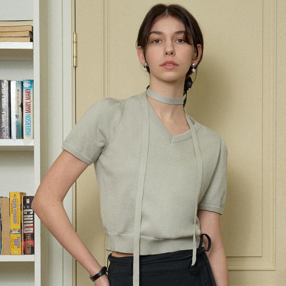 ADAUL Pale V-Neck Ribbon Choker Half Knit - Khaki Gray
