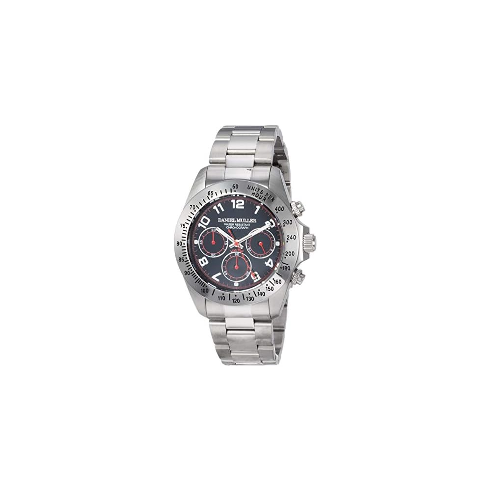 Daniel Muller DM-2003BKA Men s Chronograph Watch All Stainless Steel Black Red