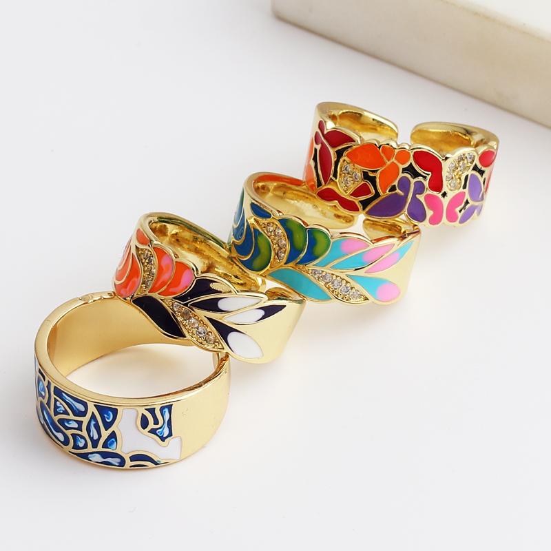 New Fashion Enamel Colorful Flower Rings For Women Adjustable Copper Gold Plated Wide Finger Band Ring Party Jewelry Gift