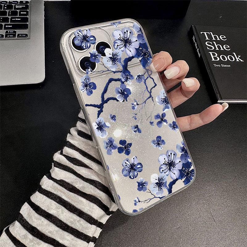 Μωβ Λουλούδι Γκλίτερ Μαλακή Θήκη Τηλεφώνου για Μοντέλα Apple 11-17, Pro/Pro Max