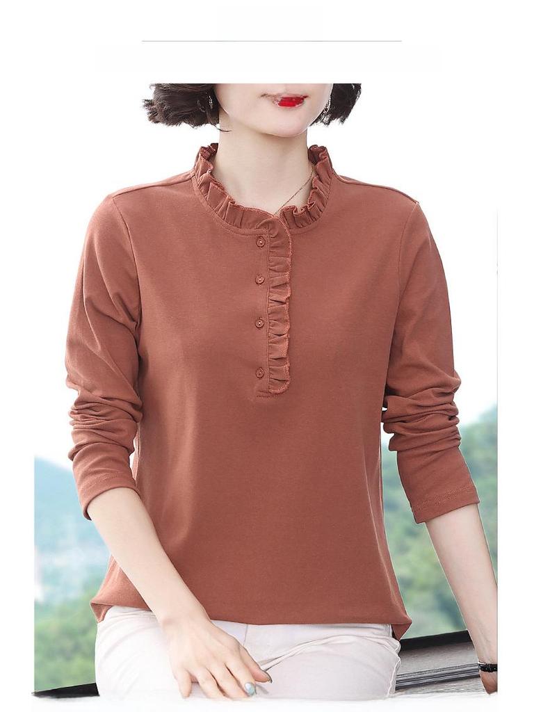 Women's Long-Sleeve Stand-Up Collar T-Shirts with Ruffled Collars, Loose Fit, Large Size - Perfect for Spring and Autumn