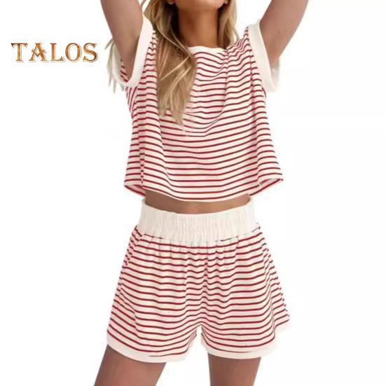 

Женский комплект из 2 предметов для отдыха, полосатая рубашка с коротким рукавом и шорты, летний повседневный ребристый спортивный костюм, подходящий комплект XL красный