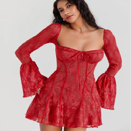 

Изящное и модное облегающее кружевное платье-клеш с длинными рукавами и завязками XL красный