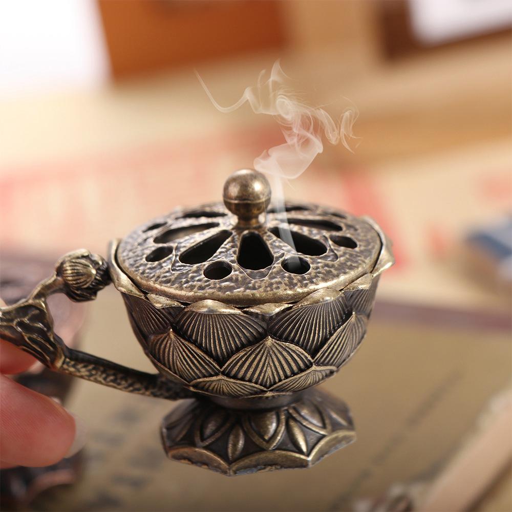 Zinc Zinc Alloy Incense Burner Retro Copper Metal Censer Home Vintage Ornaments Lotus Hand Stove  Indoor