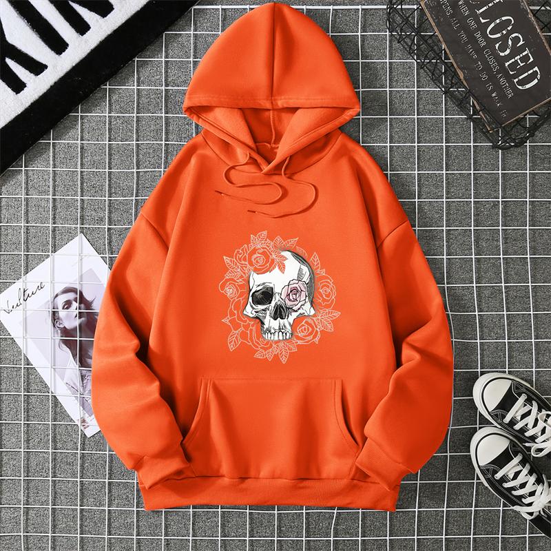Autumn Winter Couple Style Sunflower Skull Print Hoodie Men Women Casual Simple Top Streetwear Sleeve Decorated Hoodie