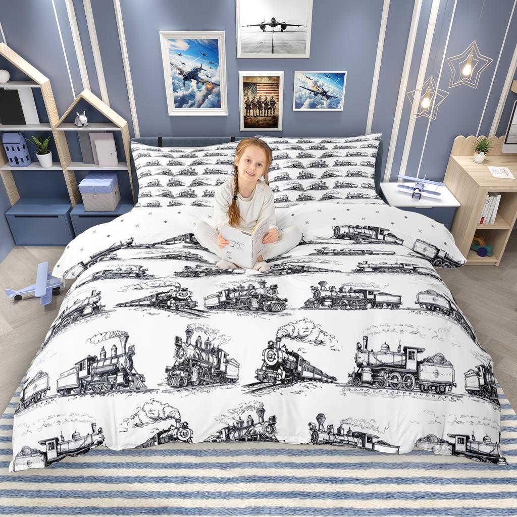 Homewish Cartoon Aircraft Train Duvet Cover Set for Children 2pcs/3pcs, Airplane Steam Engine Bedding, Transportation Bed Set