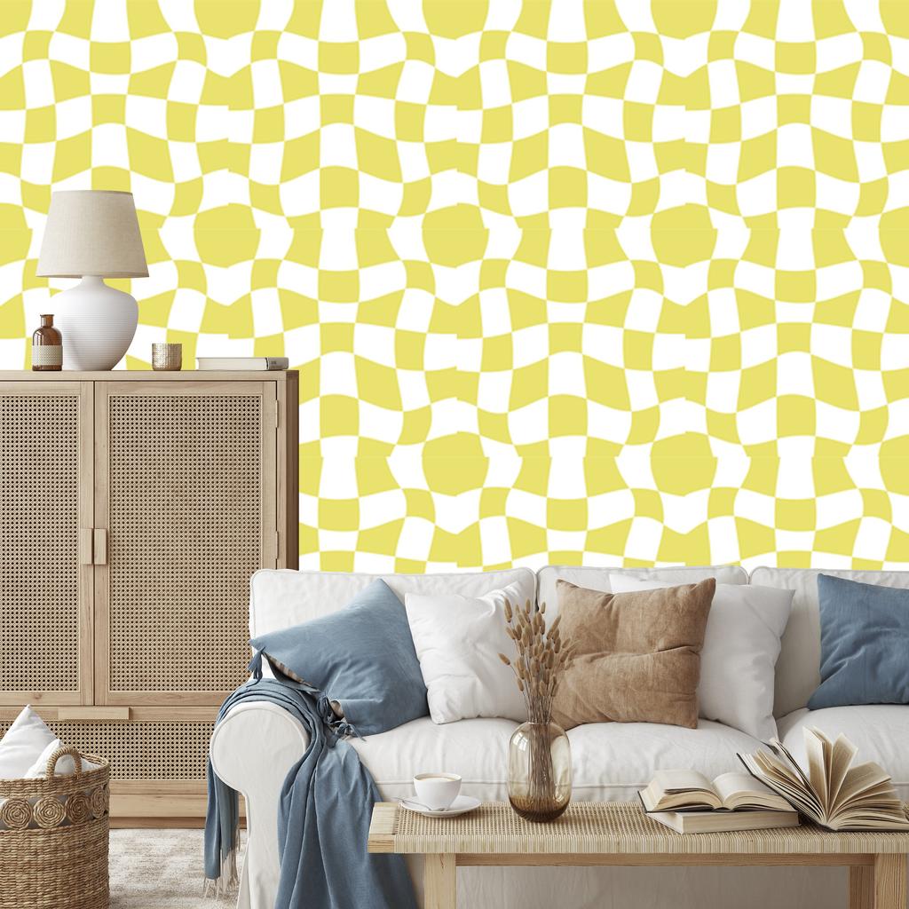 Wallpaper Casual Checkerboard White and Yellow for Living Room and Bedroom 50x1000