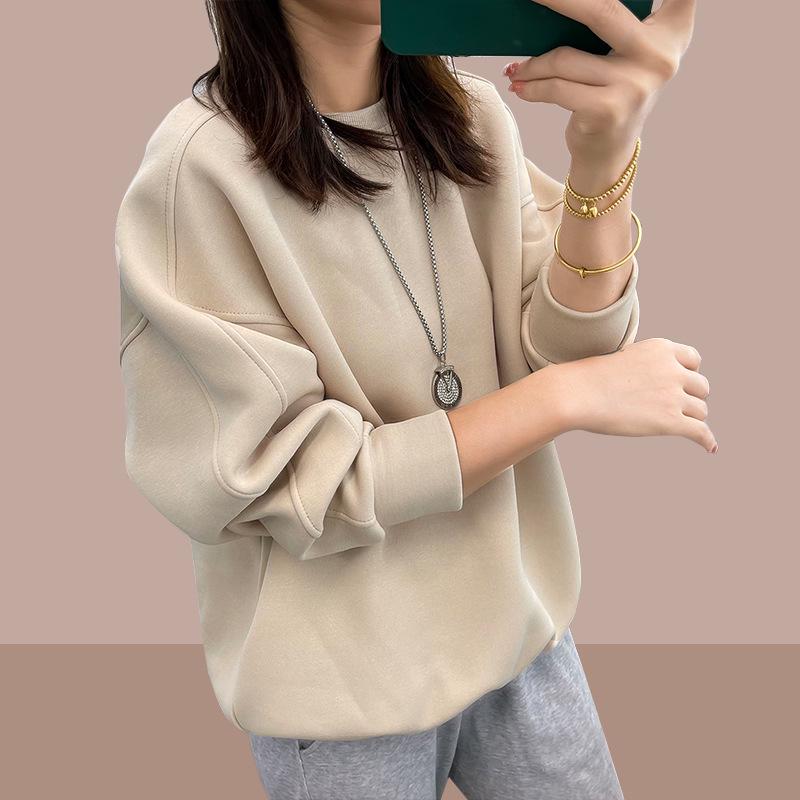 Women's Fleece-Lined Thickened Hoodie Pullover - Autumn/Winter 2025, Loose Fit, Age-Reducing, Plus Size, Round Neck Sweater