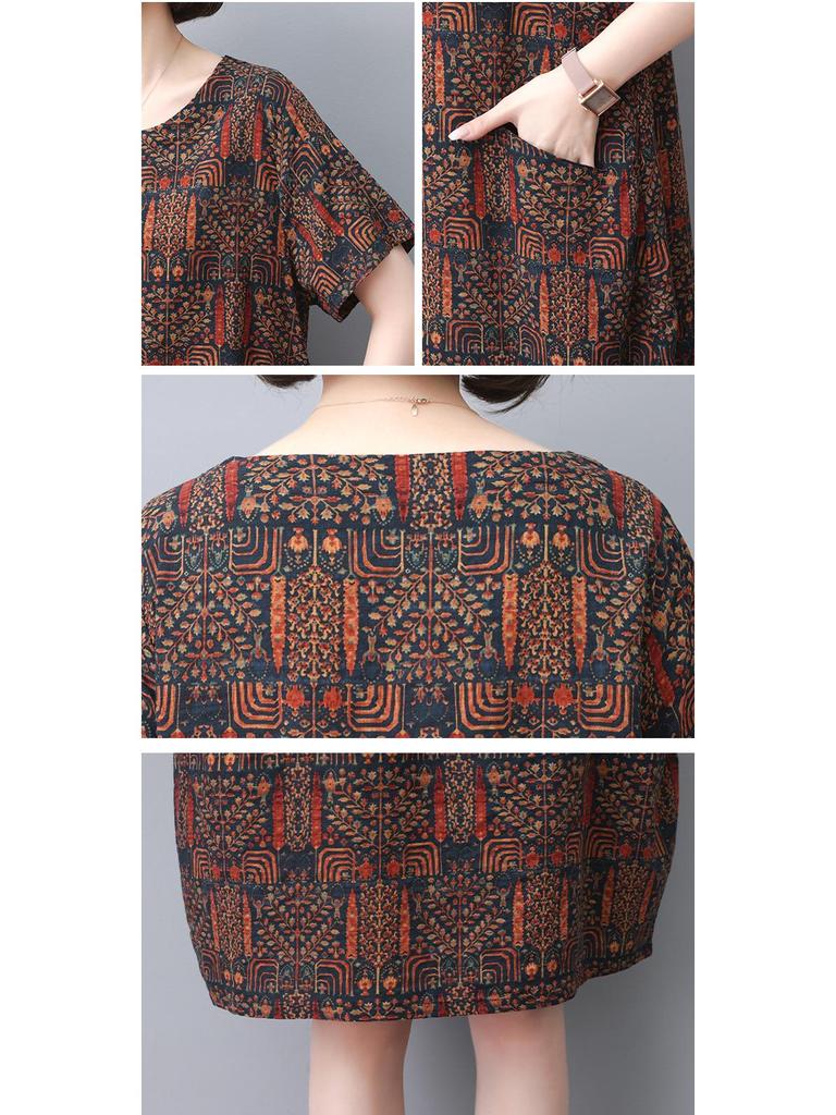 Summer 2025 Retro Print Cotton Linen Dress - Loose Fit for Middle-Aged and Elderly Women