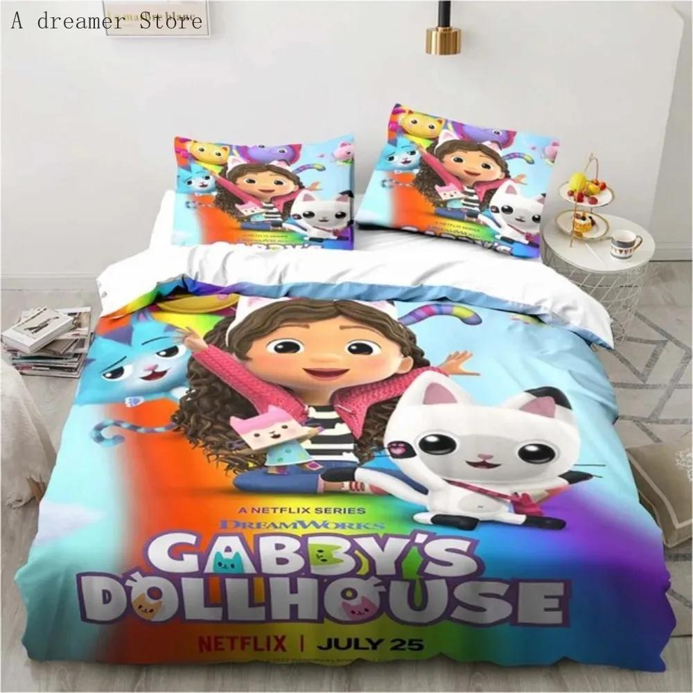 Gabbys Dollhouse Characters Bedding Set Cartoon Duvet Cover Pink Bedclothes Single Double Queen King Size For Girl Bed Set