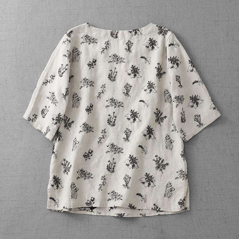 Floral Cotton Linen Mid-Sleeve Round Neck T-Shirt - Artistic Retro Style, Summer 2025 Arrival