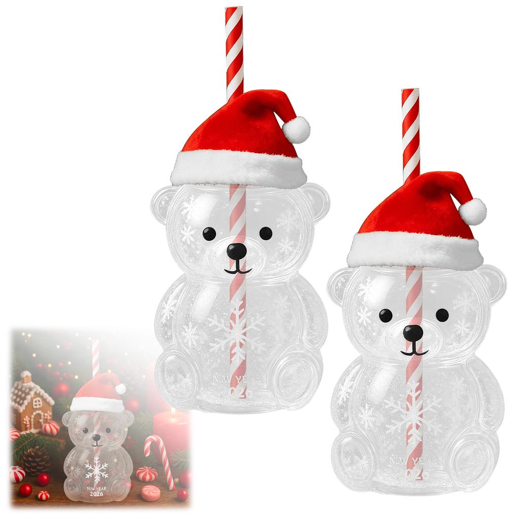 Kubek ze szklaną słomką w kształcie misia: Uroczy przezroczysty design, kubek na wodę z zielonym kapeluszem