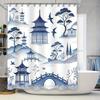 Elegantă Cortină de Duș Pagodă Albastru și Alb cu Design Tradițional Peisaj Chinezesc Pentru Decor Baie Îmbunătățiți Estetica Casei