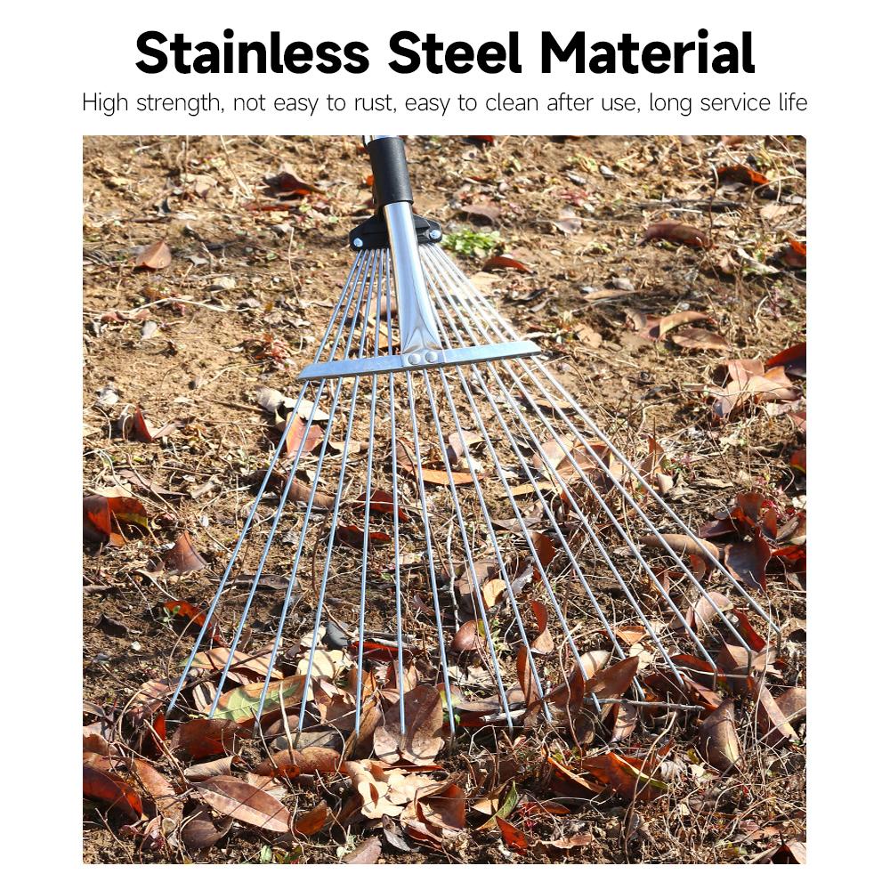 Retractable Stainless Steel Rake 15 Tines Fan-head Garden Leaves Rake Shrub Rake Garden Rake Tool for Flower Beds Lawns Yards