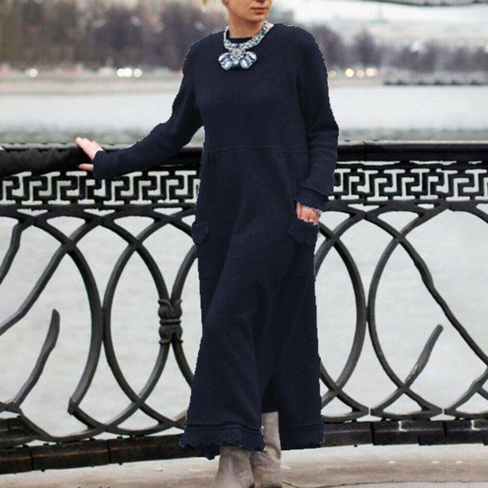 

Осеннее свободное трикотажное платье-свитшот из флиса с кружевом большого размера M темно-синий