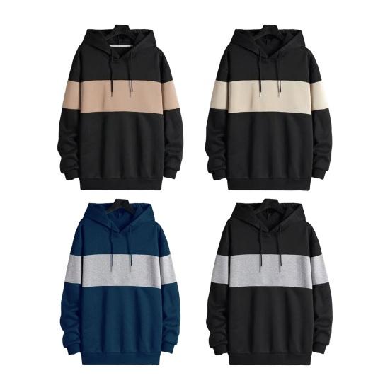 Men Fall Winter Hoodie Contrast Color Drawstring Long Sleeves Hooded Elastic Cuff And Hem Thin Daily Wear Casual Sport Top