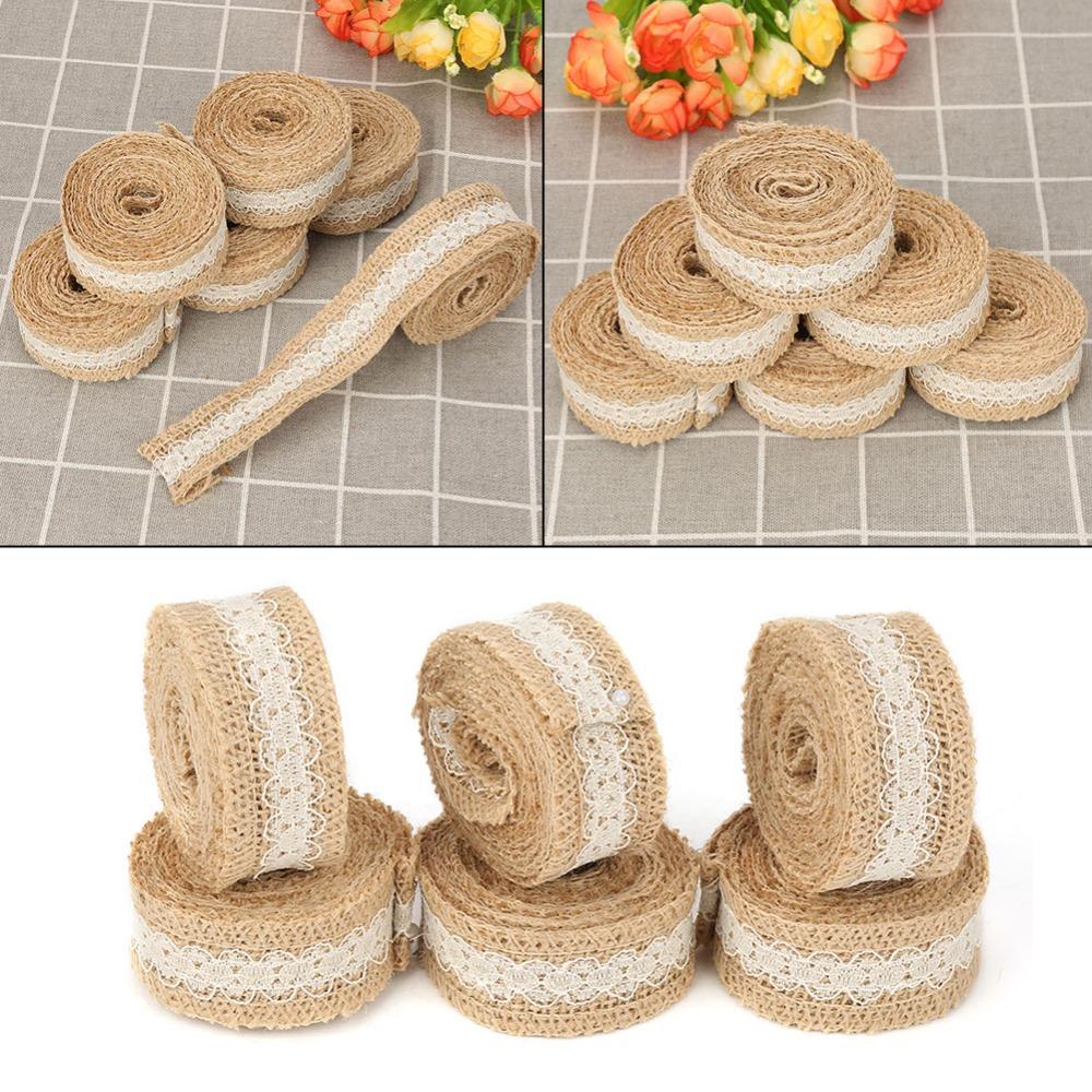 6 Stück 2M/Rolle Jutebahnen Gelbe Jute Rustikaler Stil Jute-Burlap-Band Dekoband Weiße Spitze Jute-Burlap-Spitzenband
