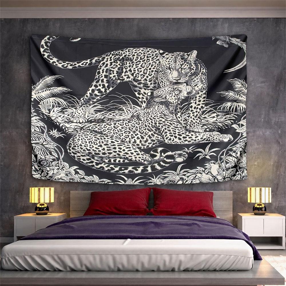 Jungle Leopards Black White Tapestry Wall Hanging Wildlife Pattern Decor for Bedroom Living Room Safari Room Gift