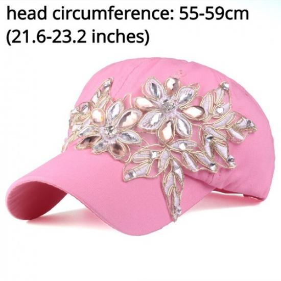 Women Adjustable Baseball Cap Casual Diamond Hat Applique Flower Crystal Hip Hop